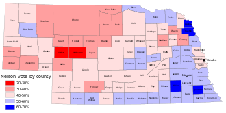 Map of Nebraska. Most southeastern counties blue, for Nelson; most western counties red, for Orr; northeastern and central counties mixed