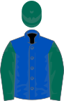 Royal blue, dark green sleeves and cap