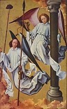Painting of two winged figures carrying various implements