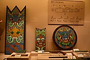 Shields from the Joseon Dynasty, two sizes of Pavises, and a Pengbae, the round shield.