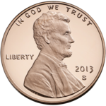 A 2013 one-cent coin from the United States (valued at 1/100 of a dollar), known colloquially as a penny.