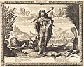 Man in the pose of Hercules, carrying club, lion and rooster in background