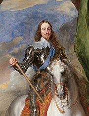 An oil painting of Charles I, depicted as a bearded, long-haired man in armour riding a white horse