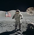 Image 36American astronaut Eugene Cernan (born March 14, 1934), shown here on the surface of the Moon during the Apollo 17 mission, the last time any human has set foot on it. In that final lunar landing mission, launched December 7, 1972, Cernan became "the last man on the moon" since he was the last to re-enter the Apollo Lunar Module during its third and final extra-vehicular activity. Prior to this, Cernan had also gone into space twice on the Gemini 9A and Apollo 10 missions.