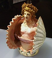 Pottery vessel, Aphrodite inside a shell; from Attica, Classical Greece, discovered in the Phanagoria cemetery, Taman Peninsula (Bosporan Kingdom, southern Russia), early 4th century BC, Hermitage Museum, Saint Petersburg.