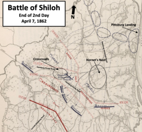 map showing Union armies driving Confederate army south and off the battlefield