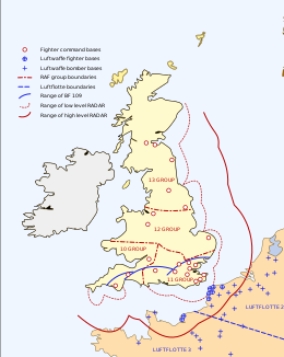 A map of the United Kingdom showing the range of its radar. The ranges reach out into the North Sea, English Channel and over northern France.