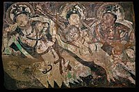 Cave of the Statues, back room mural, over a reclining statue of the Parinirvana Buddha.[131]