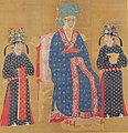 Empress Cao wearing a huiyi with two court ladies wearing a round-collar gown with red pleated skirts, Song dynasty.