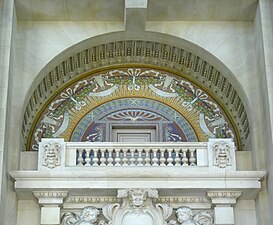 Beaux Arts mosaic of bucrania and festoons on the Grand Palais, Paris, by Charles Girault, 1897–1900
