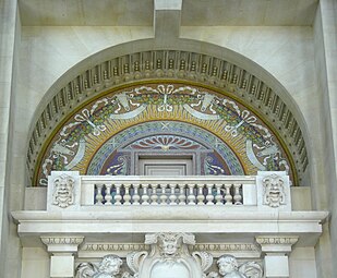 Beaux Arts mosaic of bucrania and festoons on the Grand Palais, Paris, by Charles Girault, 1897-1900