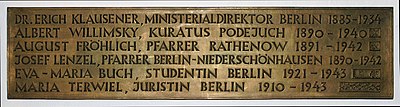 A part of a commemorative plaque in memorial of Catholics of Archdiocese of Berlin murdered during the war, in a crypt of St. Hedwig's Cathedral in Berlin.