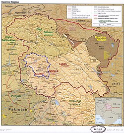 Pulwama district is in Indian-administered Jammu and Kashmir in the disputed Kashmir region[1] It is in the Kashmir division (bordered in neon blue).