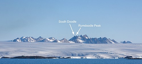 The North Masson range viewed from offshore, with Mawson Station visible in the foreground