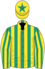Emerald green and yellow stripes, yellow and emerald green striped sleeves, yellow cap, emerald green star