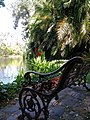 A wrought iron seat by the lake