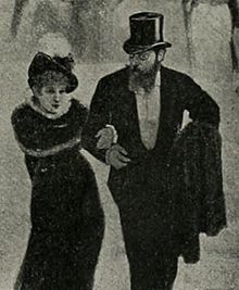 White, top-hatted man in evening costume, accompanying a middle-aged white woman walking outdoors, with linked arms