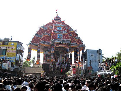 Tiruvarur temple car, the largest (chariot) temple car in the world, it weighing 300 tonnes (295 long tons; 331 short tons) with a height of 90 feet (27.43 m).