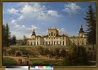 Wincenty Kasprzycki's View of the Palace from the Park, held in the National Museum in Warsaw, shows the wing of the palace in which David's painting was shown before 1834.