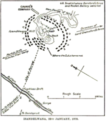 A topographic map drawn of the formation of the battle, it shows a British encampment on the top of a hill completley surrounded by a Zulu army.