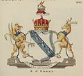 Arms of Stanley, Earl of Derby: Argent, on a bend azure three buck's heads cabossed or. Painted in 1781