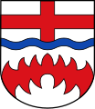 Sankt-Georgs-Kreuz, blauer Wellenbalken und roter Rautensparren im Wappen des Landkreises Paderborn