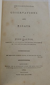 1793 copy of Dalton's first publication, "Meteorological Observations and Essays"
