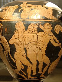 Drunk papposilenus supported by two young men, Etruscan red-figure stamnos from Vulci, c. 300 BC (Louvre)
