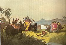 Painting of people hunting tigers on elephant-back
