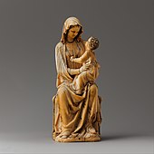 Enthroned Virgin and child; 1260–1280; elephant ivory with traces of paint and gilding; overall: 18.4 x 7.6 x 7.3 cm; Metropolitan Museum of Art