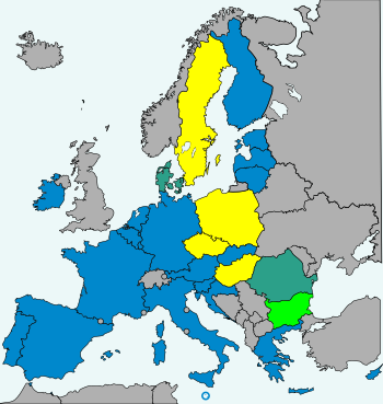 map of Europe with countries colored blue, green, yellow, red, and gray