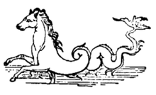 Die Zeichnung zeigt ein Wesen mit Kopf, Hals und Vorderbeinen eines Pferdes, übergehend in einen schlangenähnlichen Schwanz mit einer breiten Flosse am Ende.