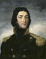 Painting of a man with wide-set eyes and a shock of thick brown hair. He wears a dark blue military uniform with the collar loosely open and the hilt of his sword is visible.