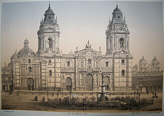 The Cathedral of Lima and the Renaissance fountain at the Plaza Mayor in 1860 by Henri Godard and Jardinet.[5]