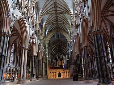 Medieval Lincoln Cathedral, England, has three stages: arcade, gallery and clerestory, united by vertical shafts.