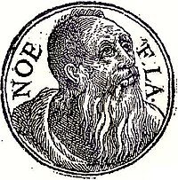 Portrait of Noah, an elderly bearded man from the Old Testament, in a round format with "NOE" and "F. LA." in circular inscriptions inside the portrait edge