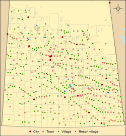Map of urban municipalities by type in Saskatchewan as of 2013