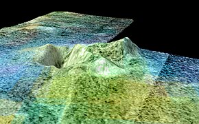 Radar-generated view of Titan's cryovolcanic Doom Mons and Sotra Patera (10x vertical stretch)
