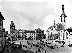 Žižkovo Square with town hall and church, 1895, Ignác Šechtl