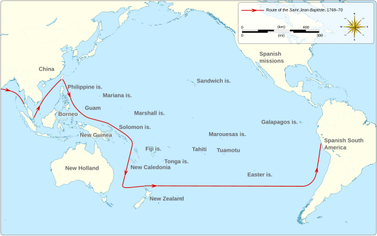 A map of the Indian and Pacific Oceans showing the route of Surville's ship Saint Jean-Baptiste