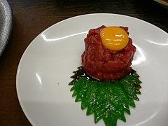 Yukhoe (raw steak) with green shiso leaf