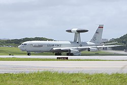 A U.S. Air Force E-3 Sentry from the 961st Airborne Air Control Squadron taxis on the runway before take-off from Kadena Air Base in 2015.