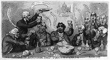 Several men are sitting around a table toasting, with glasses knocked over. Above the men hangs a picture of a cathedral with the phrase "A Pigs Stye" underneath it.