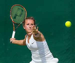 German tennis player Annika Beck competing in the second round of the 2015 Wimbledon Qualifying Tournament at the Bank of England Sports Grounds in Roehampton, England