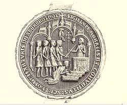 Seal image of a crowd of men attacking a kneeling figure before an altar.