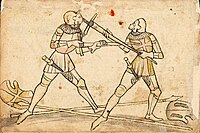 Armoured longsword combatants wearing roundel daggers as backup weapons (plate 214, Codex Wallerstein, 15th century)