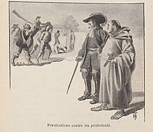 Dessin représentant à l'arrière plan des soldats persécutant des Protestants ; au premier plan, un religieux et un noble regardent la scène sans intervenir.