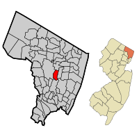 Location of River Edge in Bergen County highlighted in red (left). Inset map: Location of Bergen County in New Jersey highlighted in orange (right).