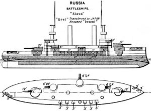 A black and white drawing of a large ship, from the top and from the side