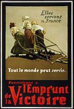 Canadian victory bond poster in French. Depicts three French women pulling a plow that had been constructed for horses and men. Lithograph, adapted from a photograph.